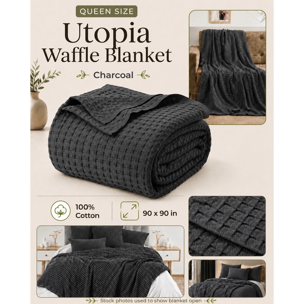 Utopia Waffle Blanket Queen Charcoal 100% Cotton Breathable Lightweight New